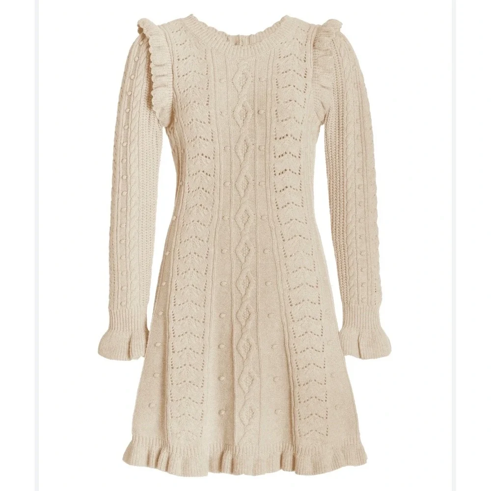 LoveShackFancy Zeke Womens Oatmeal Cable Knit Ruffle Mini Sweater Dress XS Cream - Picture 11 of 12